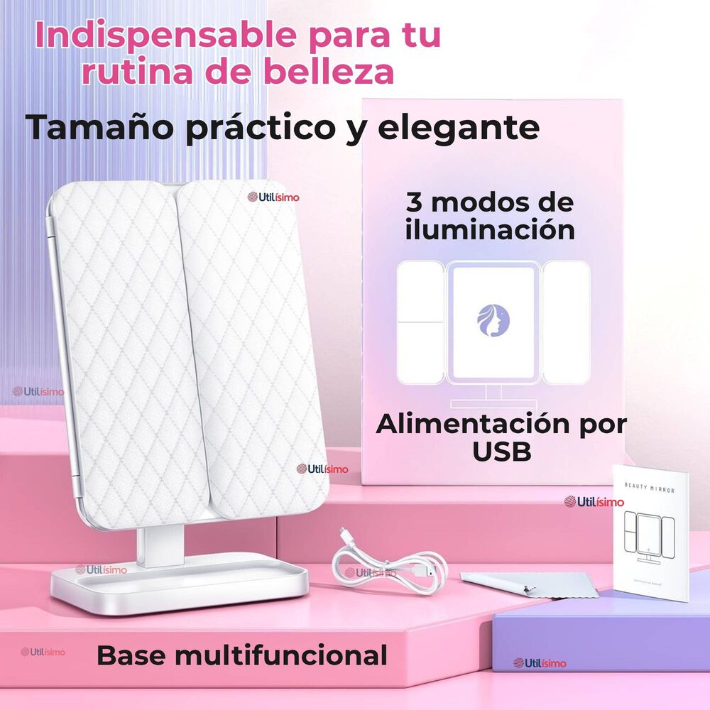 Espejo De Maquillaje Tri Plegable Con Luces Led Recargable image number 6.0