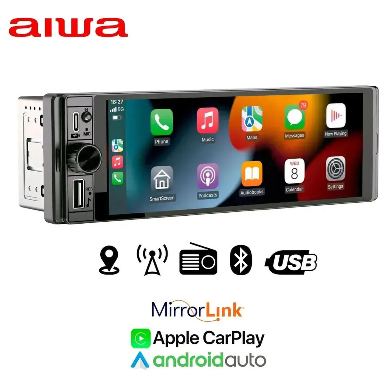 Radio Auto Aiwa 1 Din Con Pantalla Tactil De 6,28'' Aw-w470c Negro image number 2.0