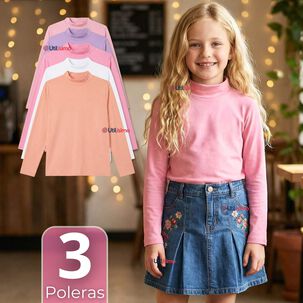 Pack 3 Poleras Camisetas Bamb&uacute; Cuello Beatle Primera Capa Manga Larga Colores Surtido Ni&ntilde;a