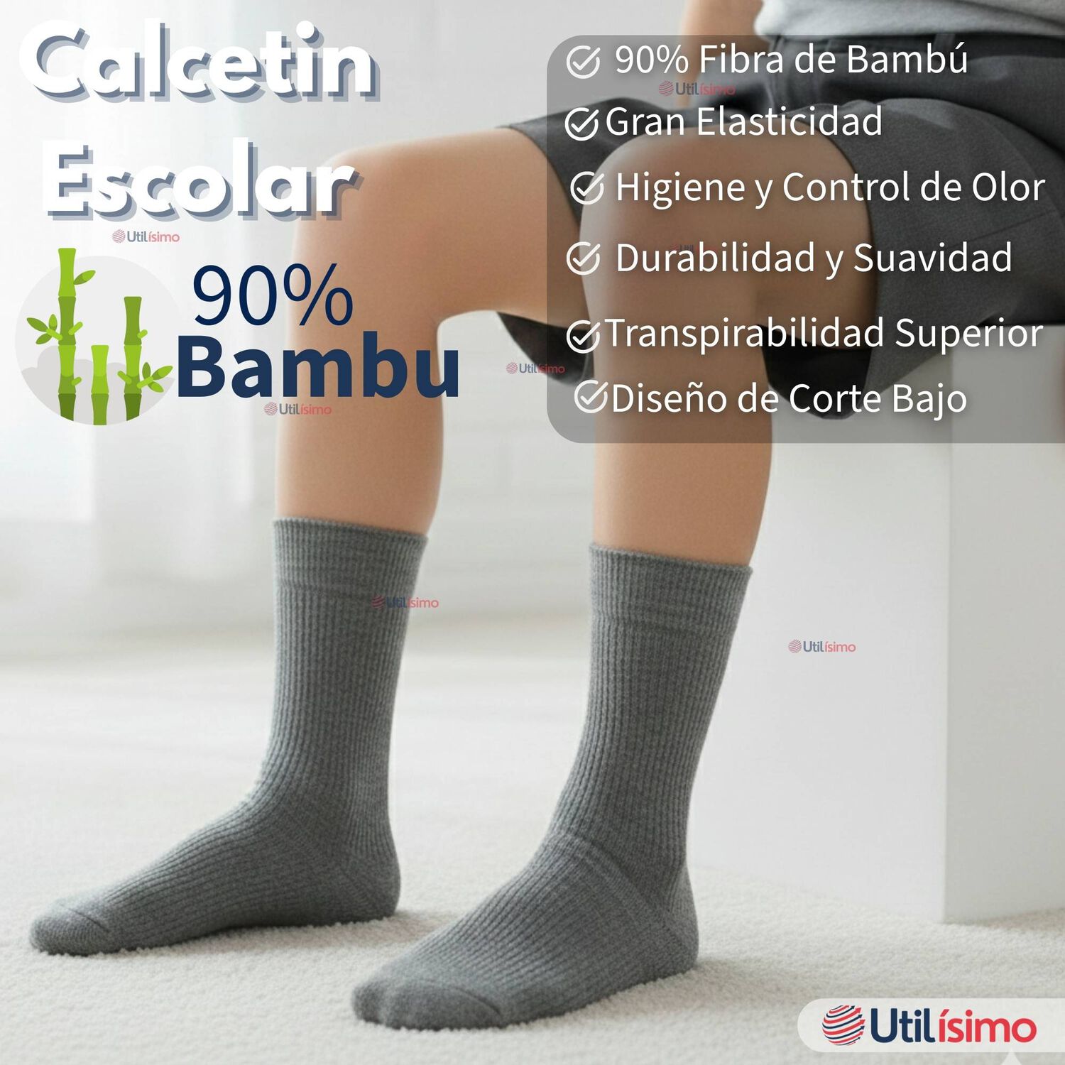 Pack 6 Calcet&iacute;nes Escolares Corto Bamb&uacute; Gris Ni&ntilde;o Juvenil image number 2.0