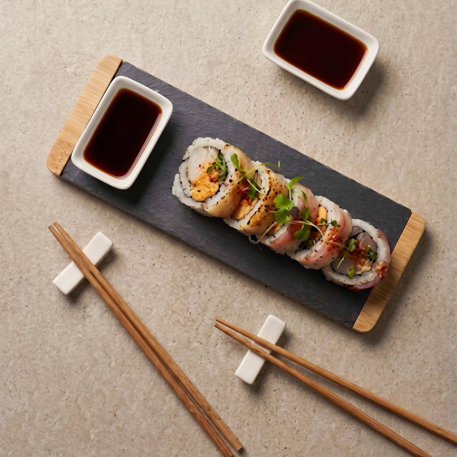 Set Sushi Para 2 Personas En Tabla Bamboo Y Palillos image number 2.0