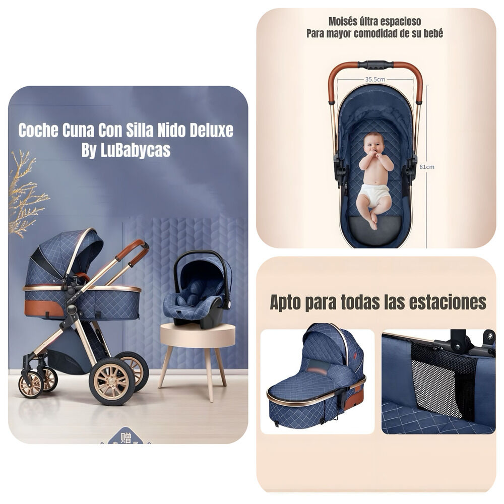 Coche Deluxe Con Silla Nido Y Accesorios Azul Lubabycas image number 2.0