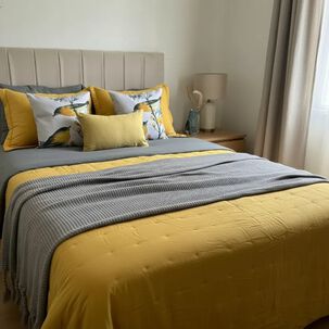 Set Ropa De Cama Gris Mostaza 6 Piezas Algod&oacute;n + Chenille