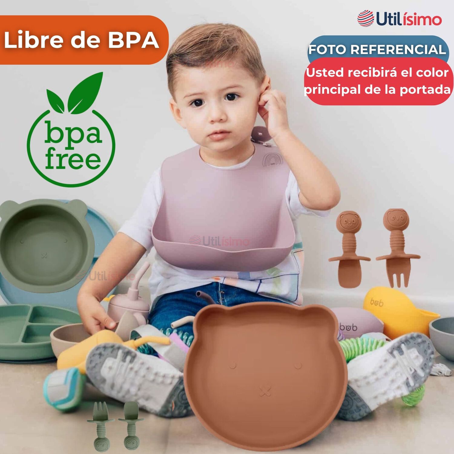 Set De Alimentaci&oacute;n Beb&eacute; Silicona 5 Piezas De Osito Libre Bpa Color Naranja image number 4.0