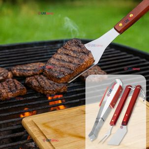 Kit Parrillero 3 Piezas Pinza Espátula Tenedor Para Asados Mango Madera Acero Inoxidable