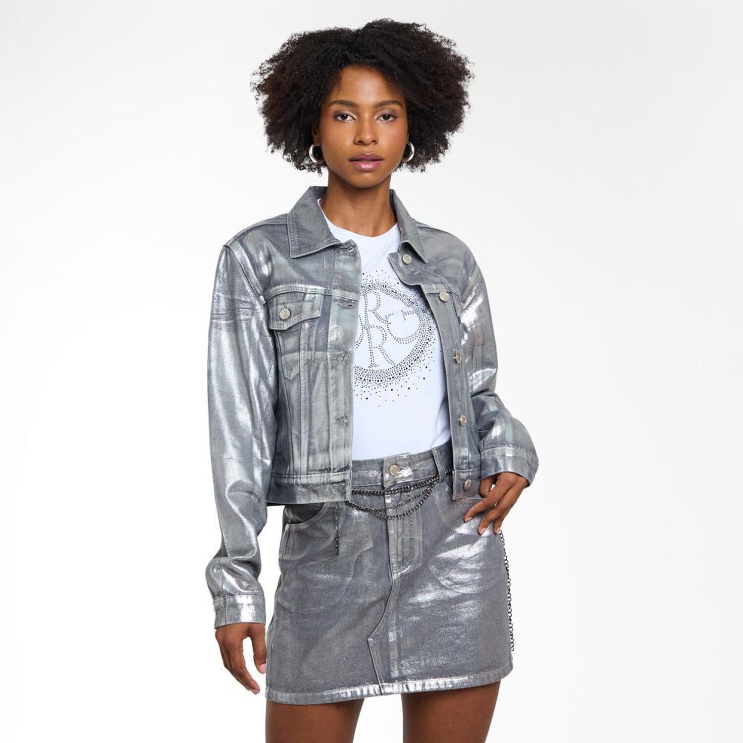 Chaqueta Denim Metalizada Cuello Camisero Mujer Rolly Go image number 0.0