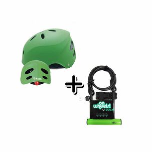 Casco Con Luz Verde + Candado Ow Largo Con Piola Y Soporte