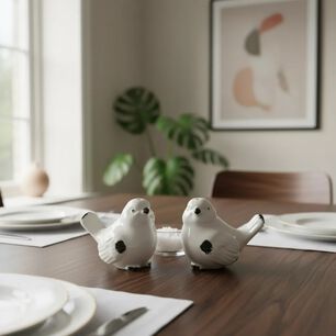 Set Salero Y Pimentero Cer&aacute;mico Decorativo Pajaritos Blanco