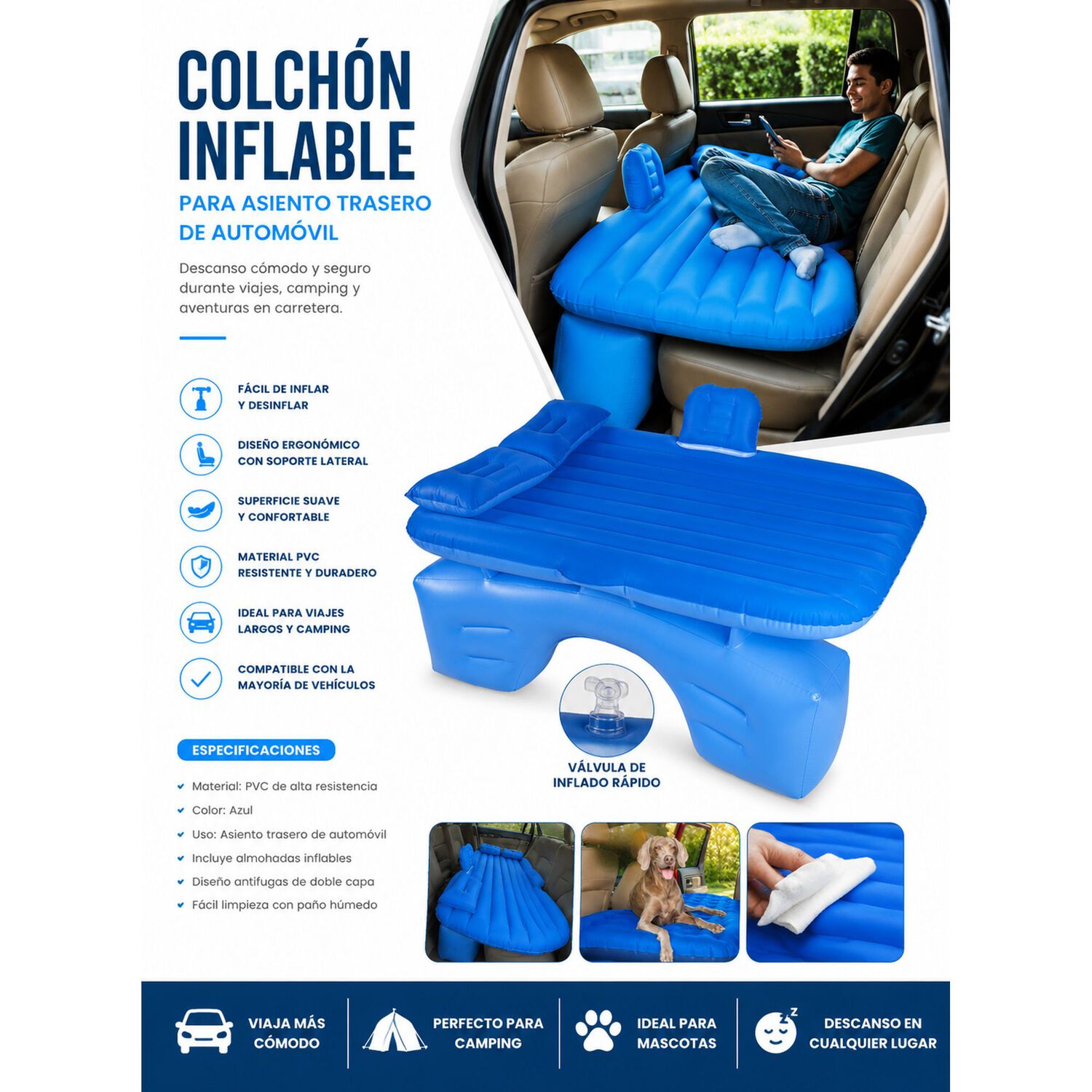Colch&oacute;n Para Auto Inflable + Compresor 12v Y 2 Almohadas image number 5.0