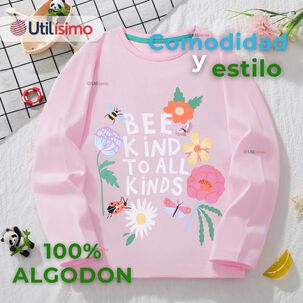 Polera Manga Larga Ni&ntilde;a 100% Algod&oacute;n Flores Rosado Camiseta