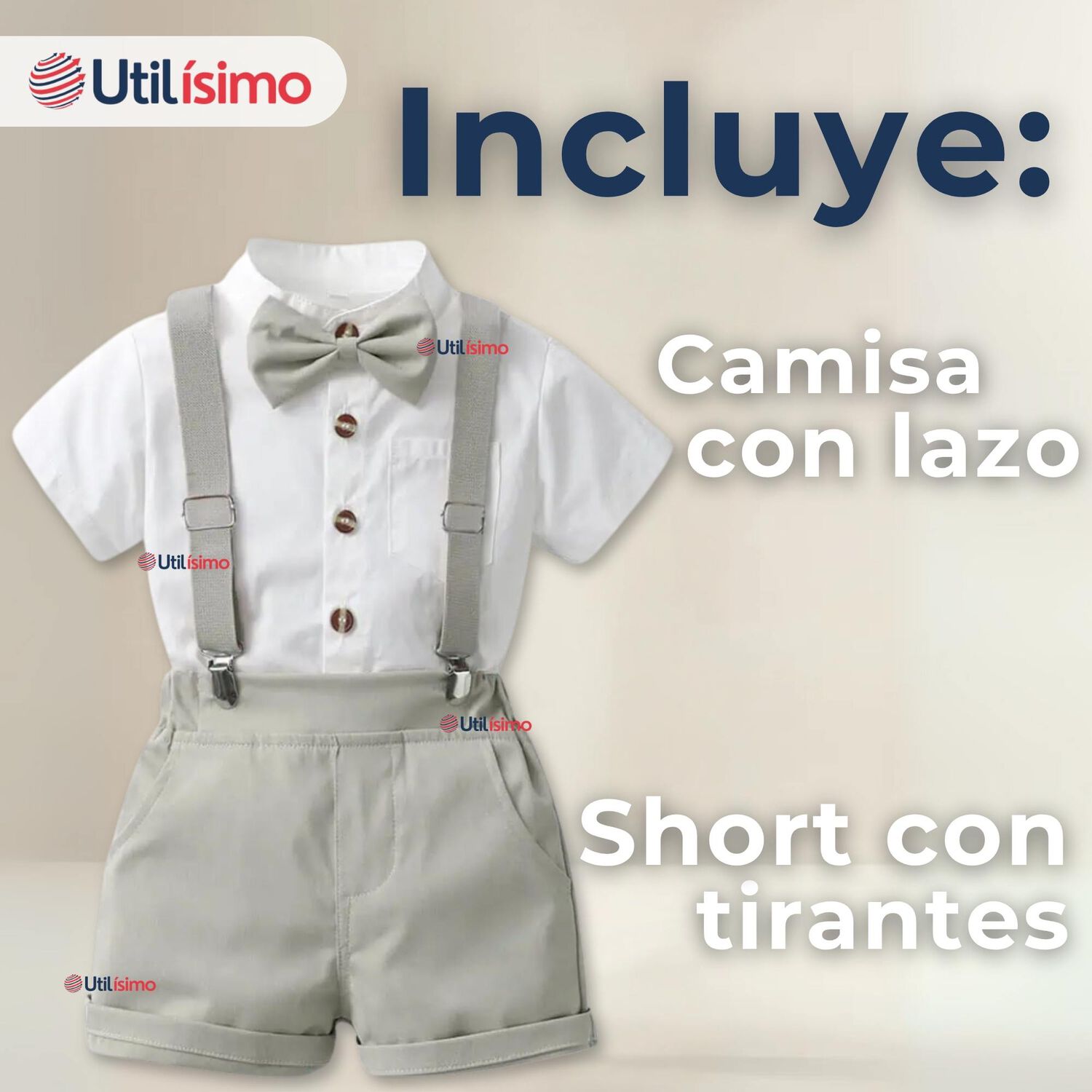 Conjunto De Vestir Con Tirantes Camisa Pantal&oacute;n Corto Algod&oacute;n Beb&eacute; Gris image number 1.0