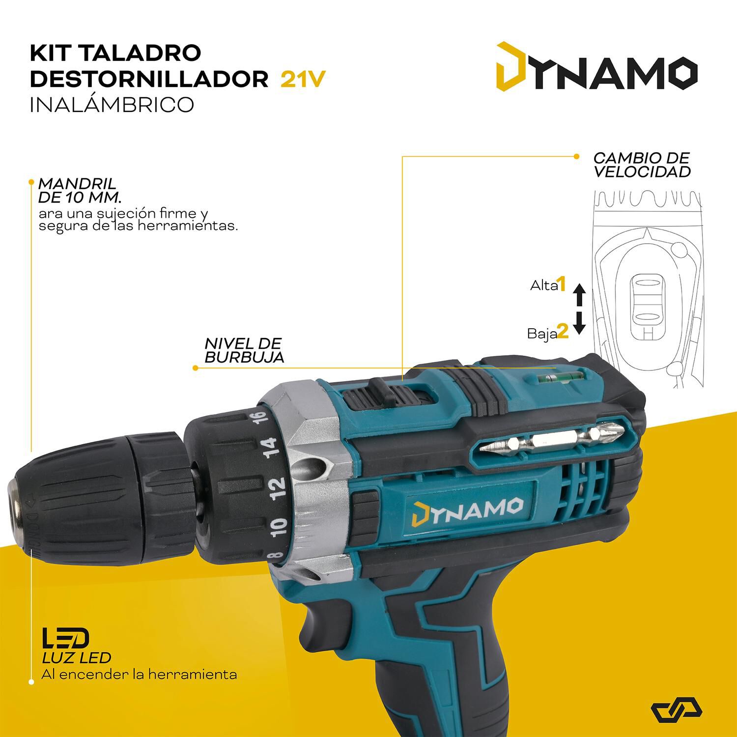 Kit Taladro Destornillador Inal&aacute;mbrico Dynamo 21v 2 Bater&iacute;as image number 6.0