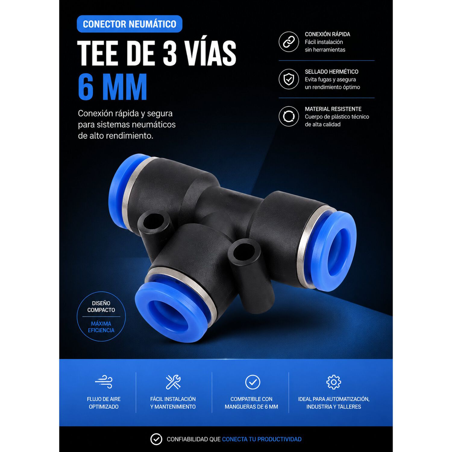 Conector Tee 6mm, Neumatico Bloqueo Antideslizante 3 Vias image number 4.0