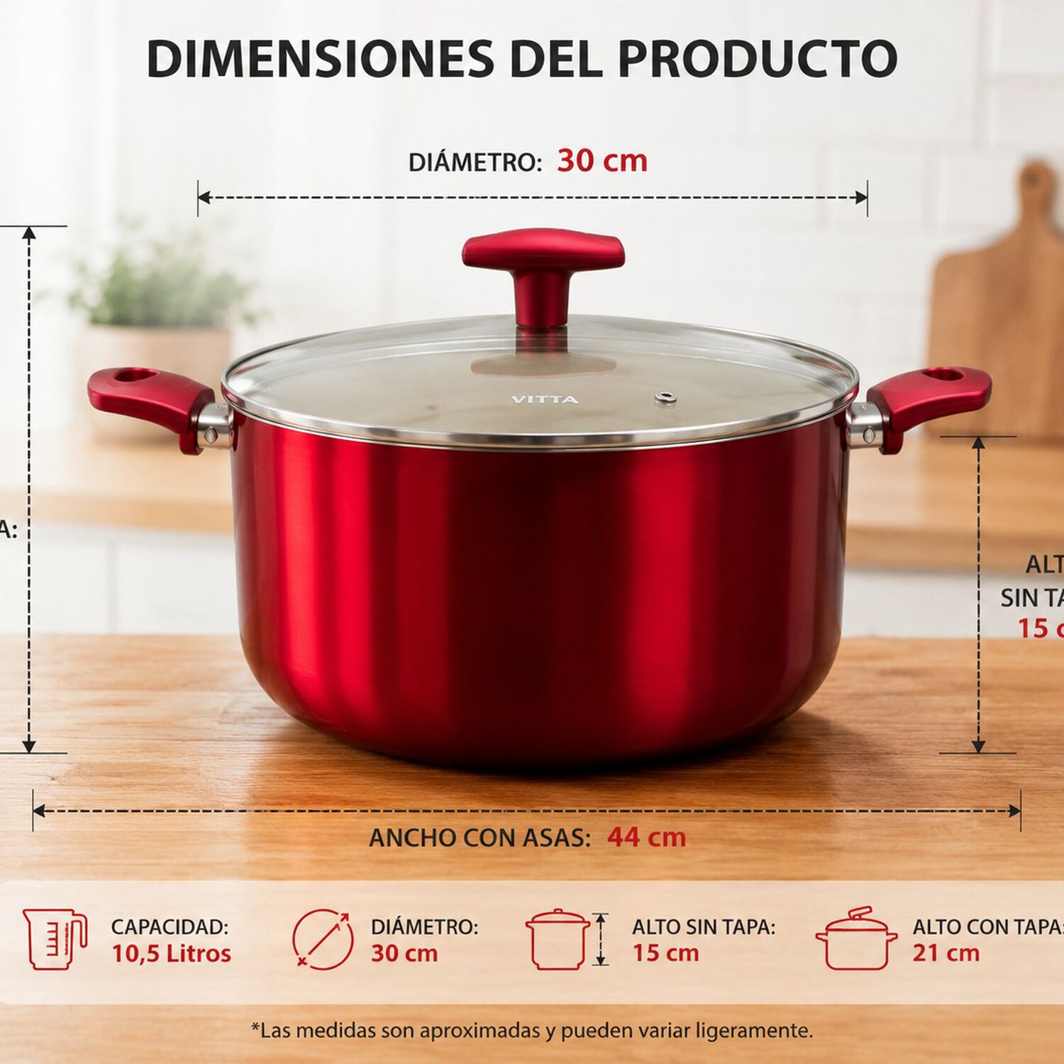Olla Cacerola Antiadherente De Aluminio 30 Cm 10,5 Lts Con Tapa Modelo Rosso Marca Vitta image number 7.0
