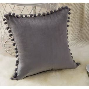Funda De Cojines Con Pompones. Medida 45x45. Terciopelo. Gris Claro