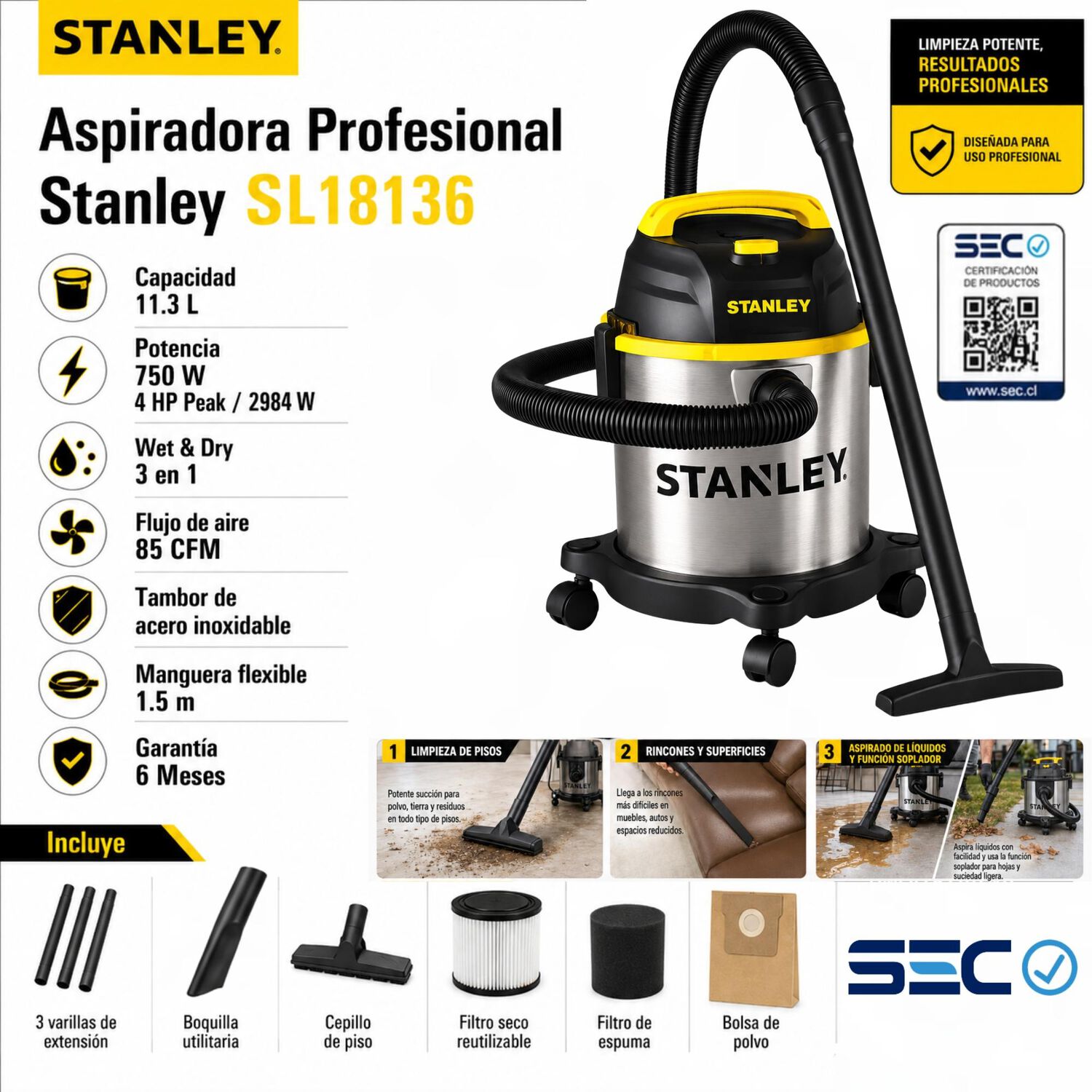 Aspiradora Profesional Stanley Inoxidable 11lt Sl18136 750w image number 5.0