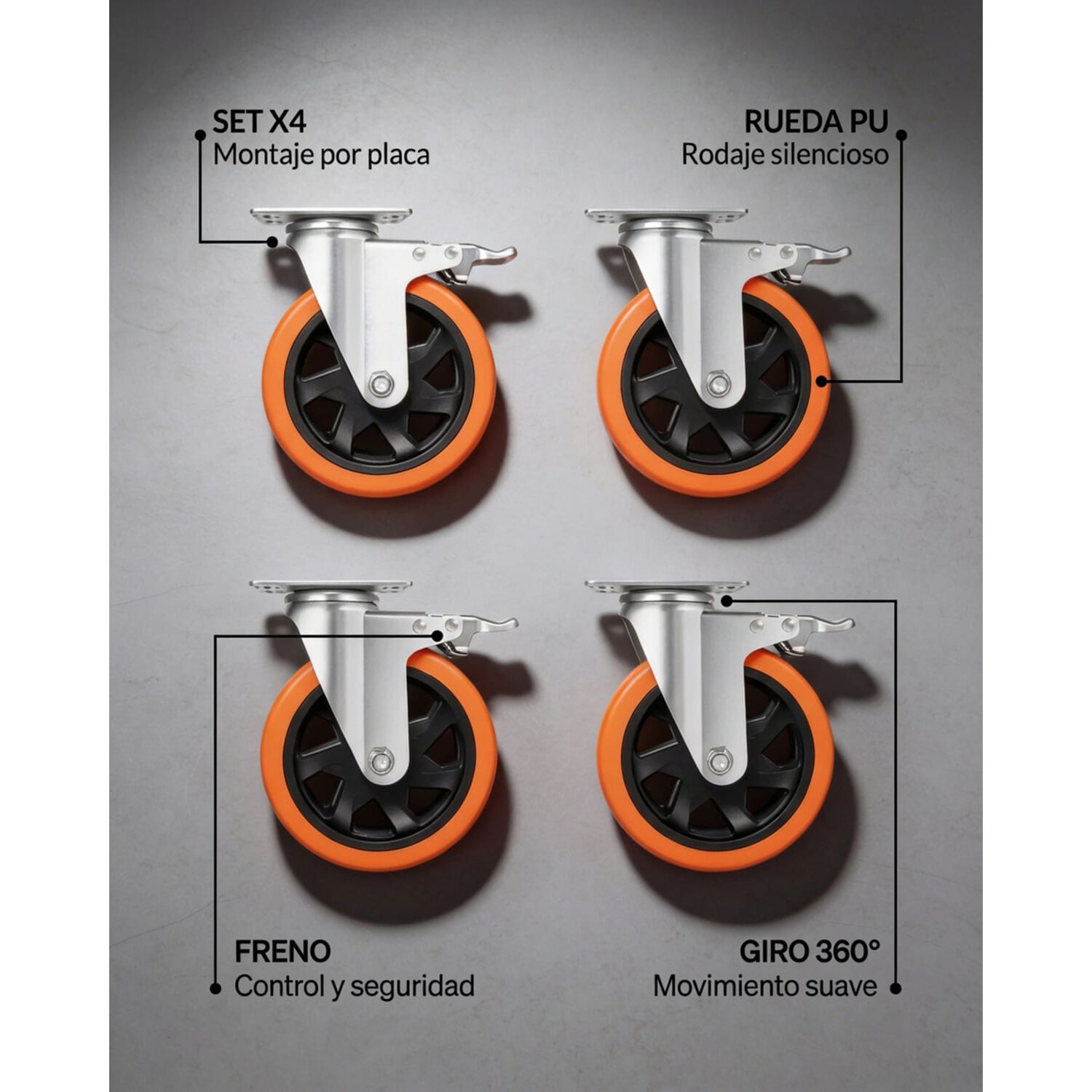 Set X4 Ruedas De 4 Pulgada Giratoria Para Muebles Con Frenos image number 2.0