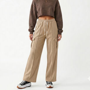 Pantalon Buzo Cargo Mujer Wide Leg Tiro Alto Con Cord&oacute;n