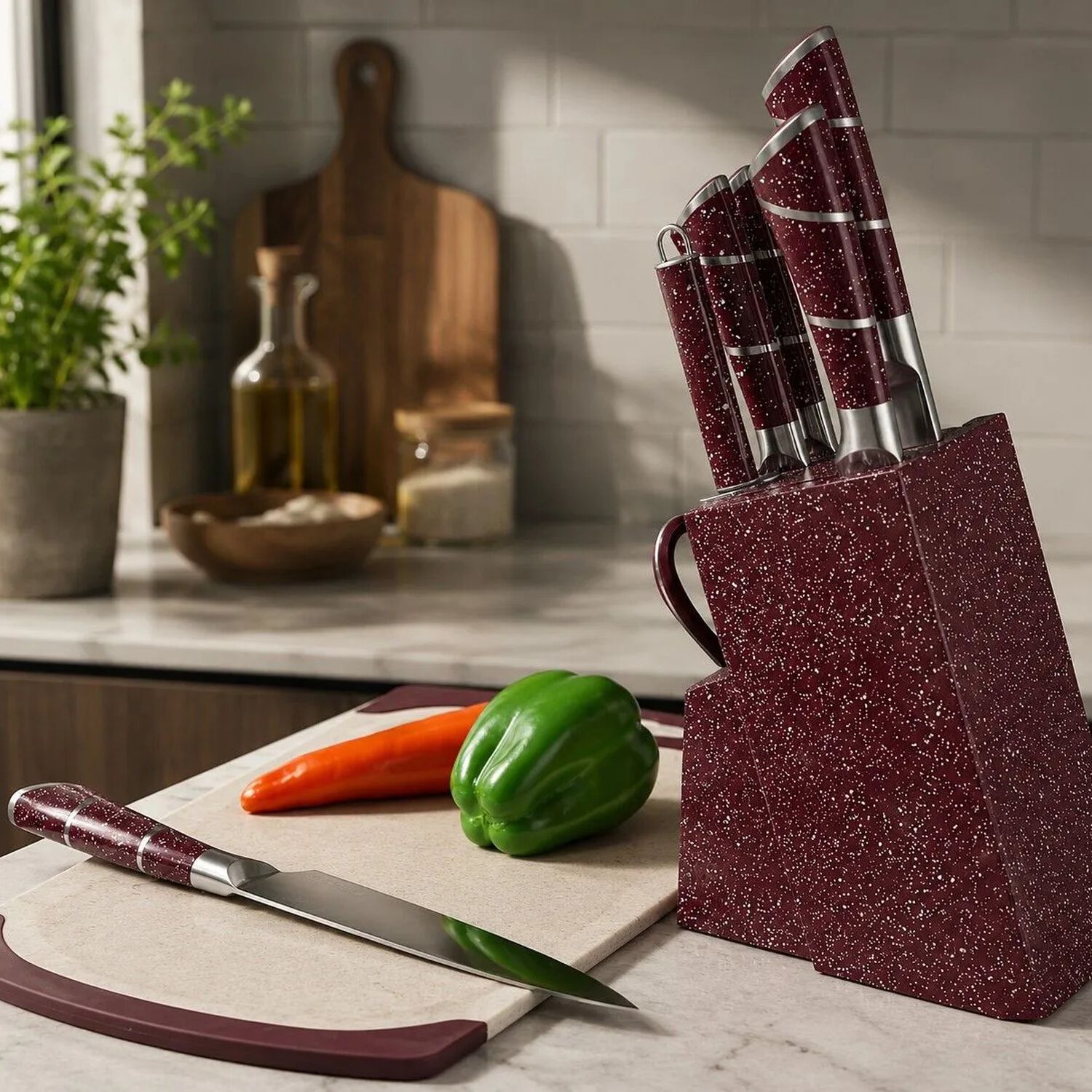 Set Cuchillos De Cocina 8 Piezas Con Base Marble De Lux Color Burdeo image number 2.0