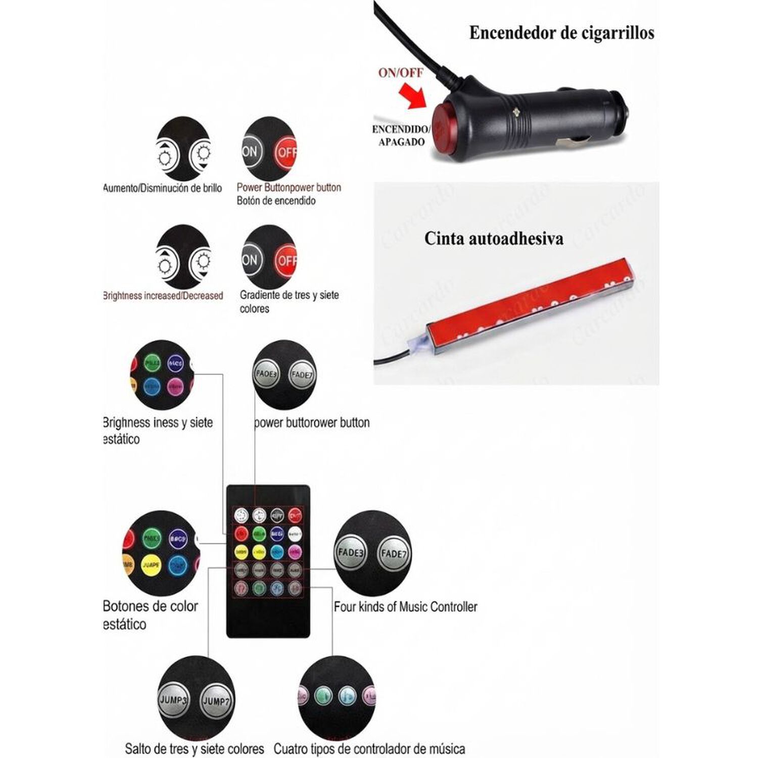 Tiras Led Rgb Interior Auto Reactivas Al Sonido Con Control Remoto 4 Piezas image number 3.0