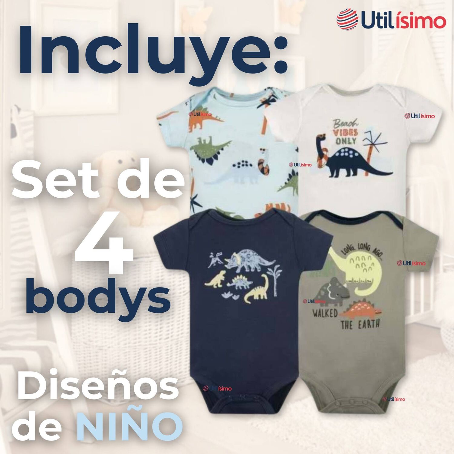 Pack 4 Bodys Ni&ntilde;o Manga Corta Tedmimak 100% Algod&oacute;n Dino Aventura image number 1.0