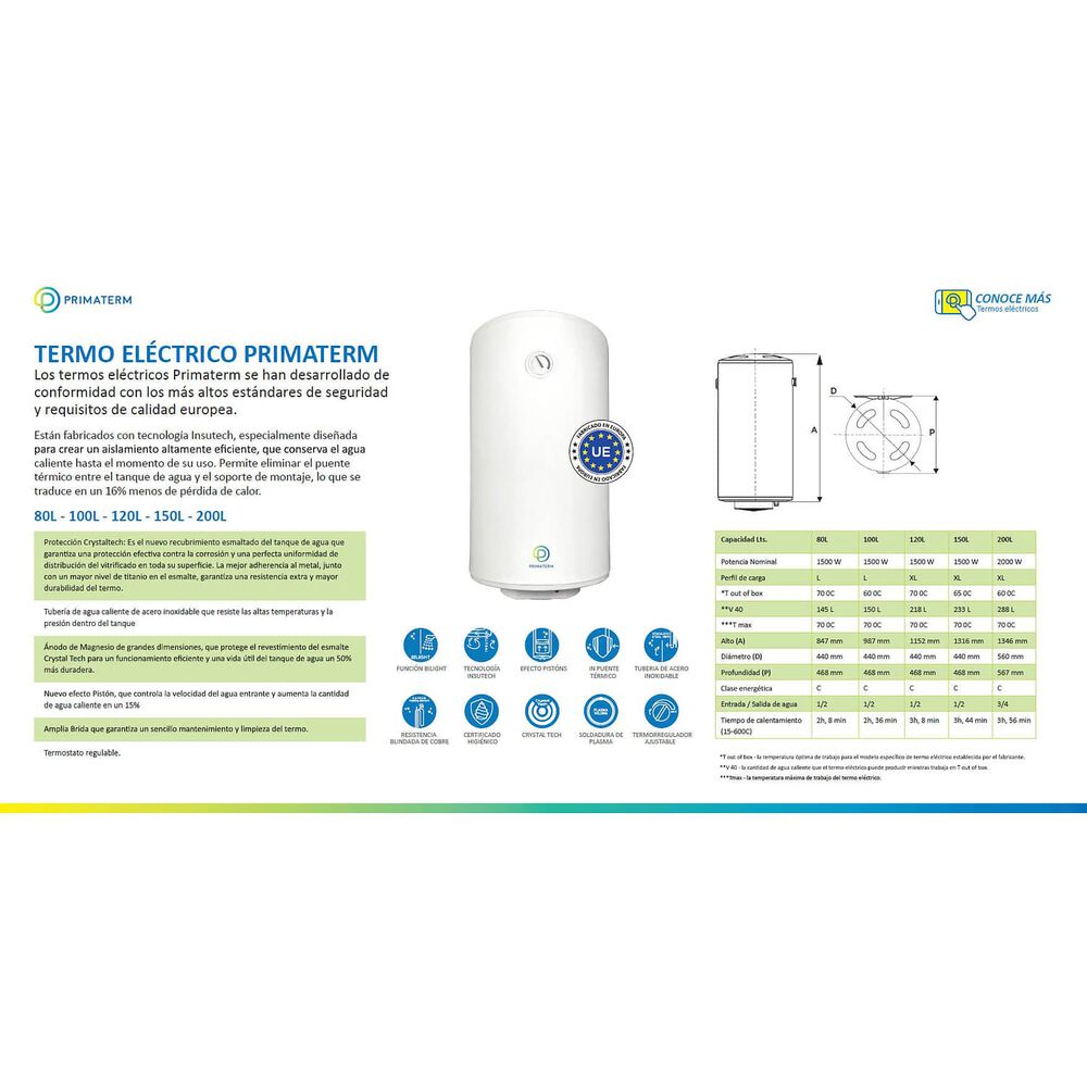 Termo El&eacute;ctrico 100 Litros 1500w 60c Primaterm image number 8.0