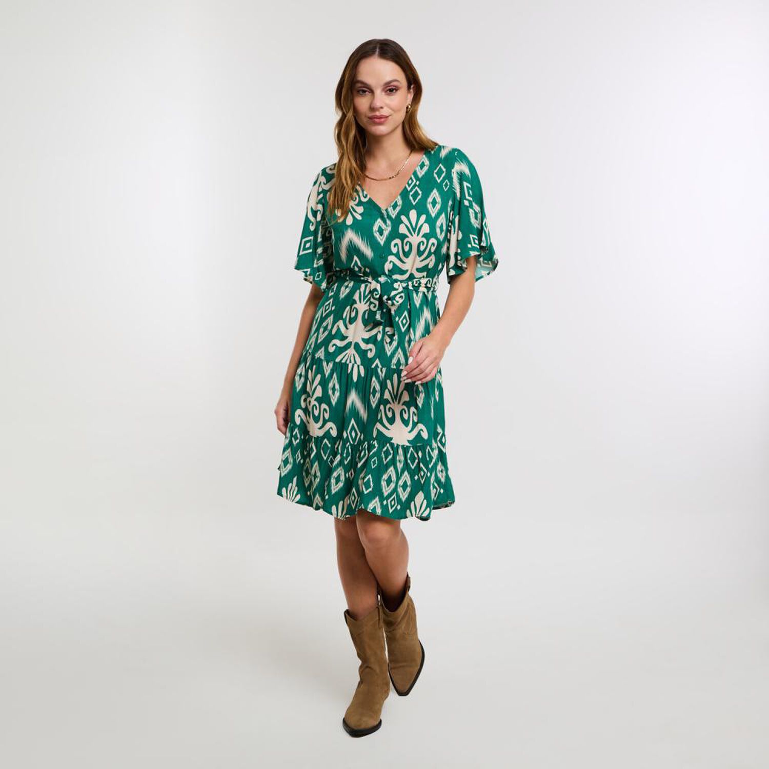 Vestido Full Print Maga Corta Con Vuelo Y Lazo En Cintura Mujer Kimera image number 0.0