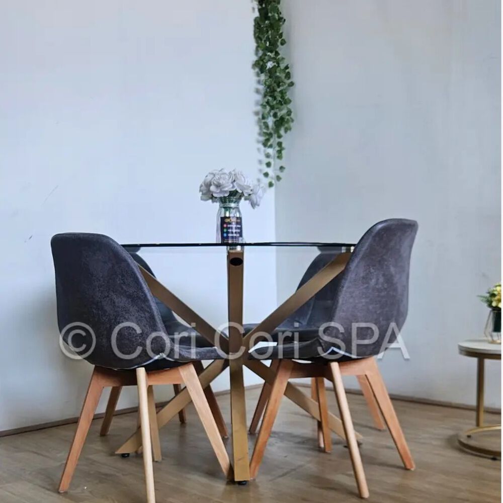Comedor Warwick 100cm + 4 Sillas Capitonne Ecocuero Vintage Gris image number 0.0