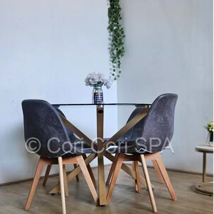 Comedor Warwick 100cm + 4 Sillas Capitonne Ecocuero Vintage Gris