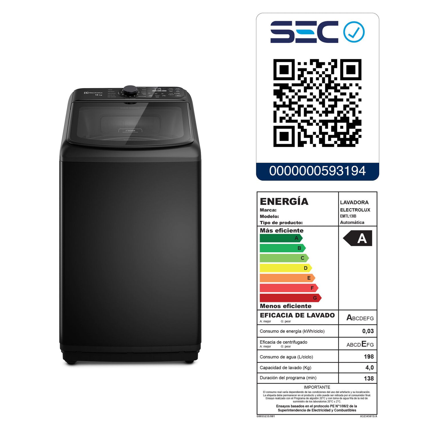 Lavadora Autom&aacute;tica 13kg Carga Superior Inverter Emtl13ib Negra image number 13.0