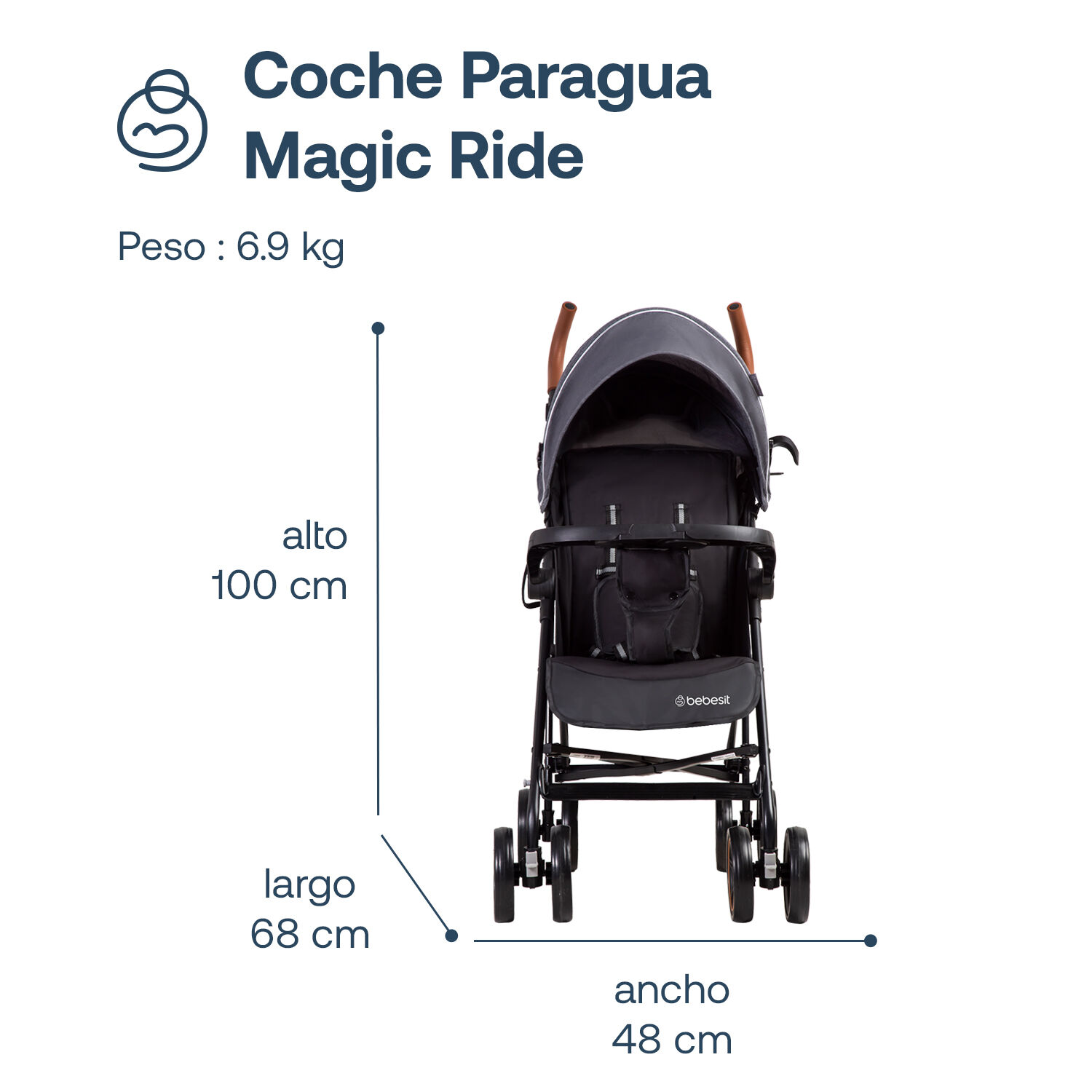 Coche Paragua Magic Ride Fiesta Gris Bebesit image number 5.0