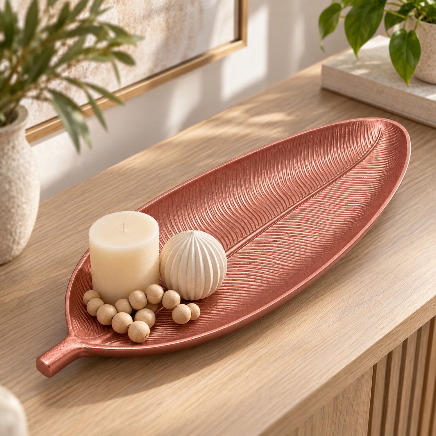 Bandeja Decorativa Forma De Hoja Estilo Moderno Organico 40 Cm Color Oro Rosa image number 0.0