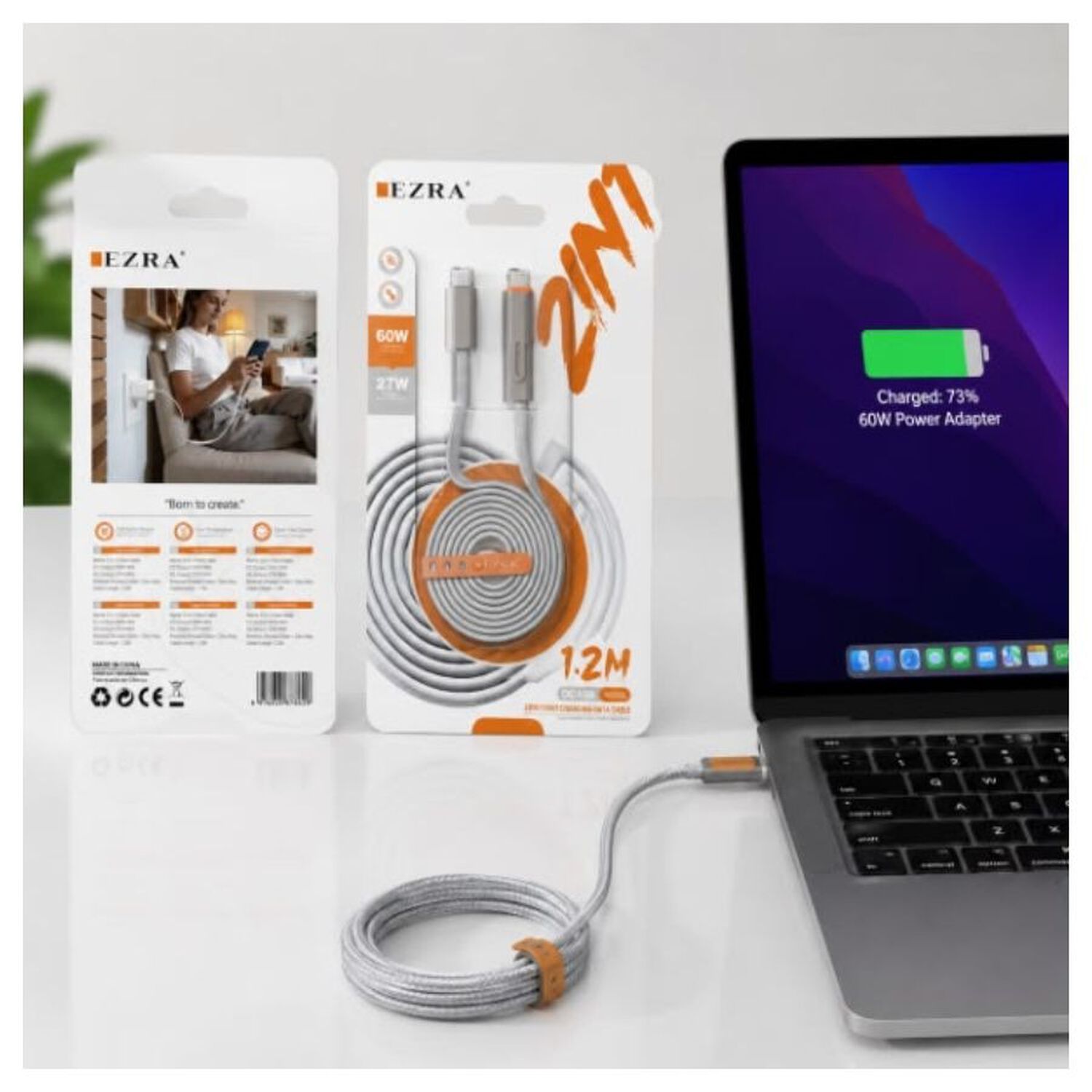 Cable 2en1 Usb-c Lightning Ezra 60w Carga R&aacute;pida Trenzado 1.2m image number 3.0