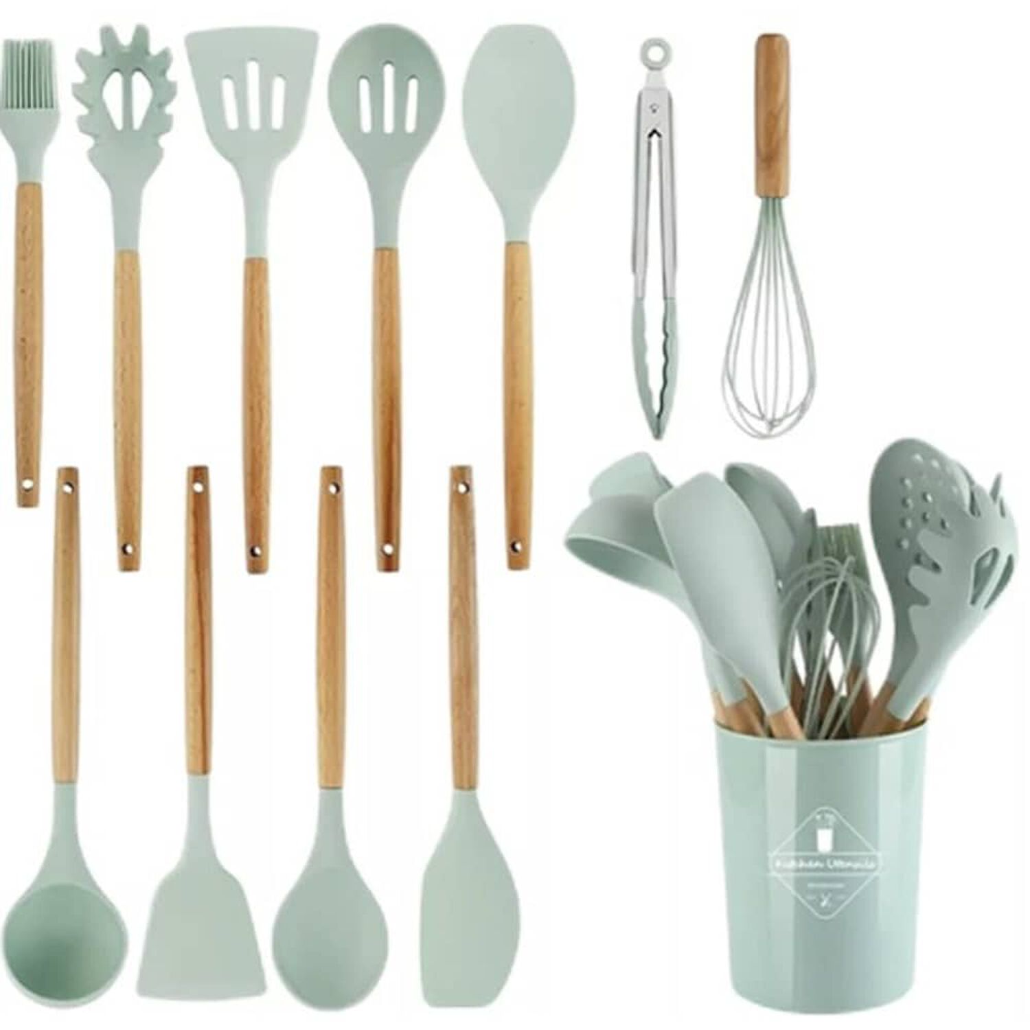 Set 12 Utensilios Cocina Mango Silicona Y Madera Reposter&iacute;a Verde image number 0.0