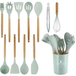 Set 12 Utensilios Cocina Mango Silicona Y Madera Reposter&iacute;a Verde