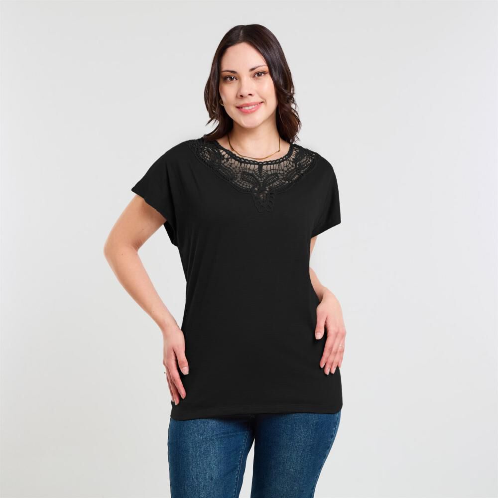 Polera Lisa Manga Corta Cuello Redondo Aplicación Brodery Mujer Sexy Large image number 0.0