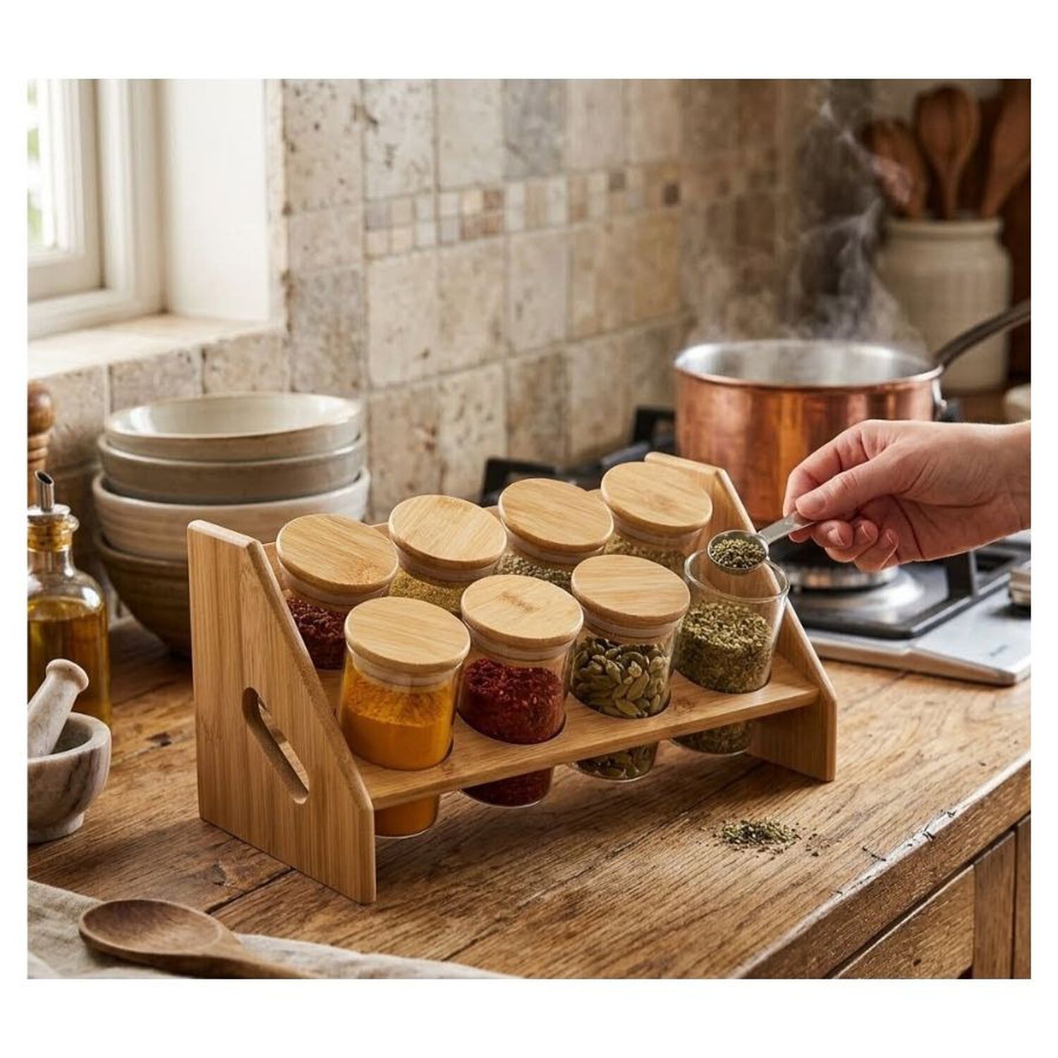 Set 8 Frascos Condimenteros Rack Estante Bamb&uacute; Cocina image number 1.0