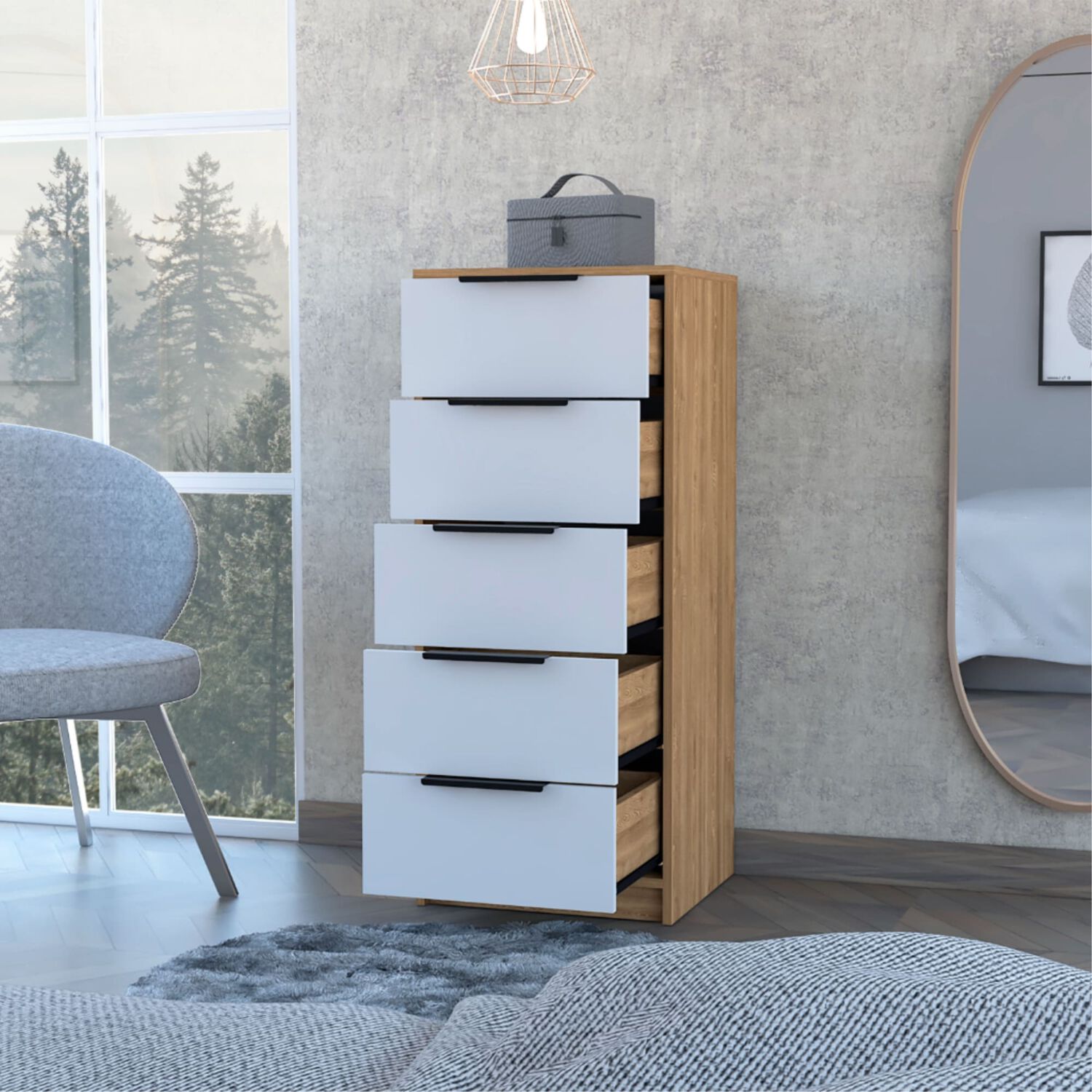 Comoda 5 Cajones Fm-002c - Cafe Claro Y Blanco image number 3.0
