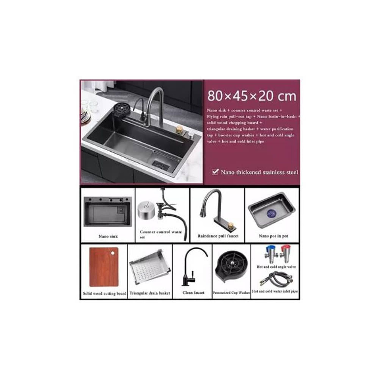 Lavaplatos Empotrado 8045 Acero Inoxidable Negro Con Llave De Cascada Extra&iacute;ble + Accesorios Kit Completo Lavavajillas De Cocina Moderno Lava Platos  image number 3.0