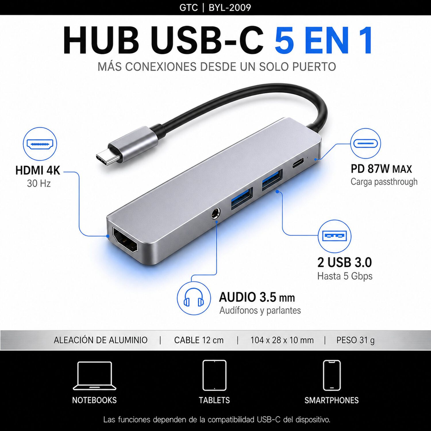 Adaptador Hub Usb-c Multipuertos 5 En 1 (hdmi, Jack, Usb, Usb C) image number 6.0