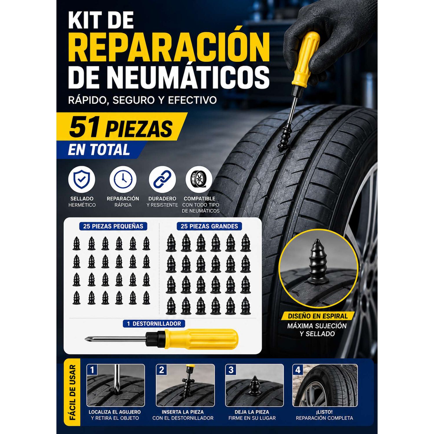 Kit Para Reparar Neumatico 51 Piezas Parche Pinchazo Moto image number 6.0
