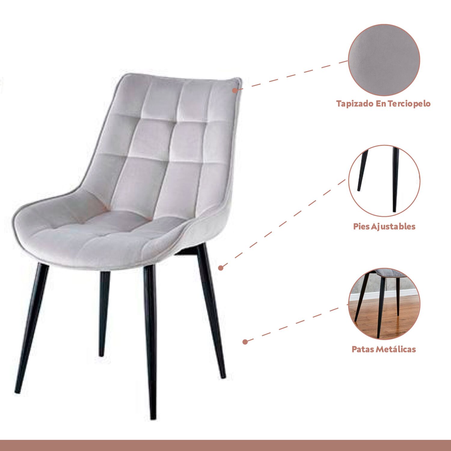 Comedor Mesa Redonda De Vidrio Cross 120cm + 5 Silla Macron Terciopelo - Gris image number 2.0