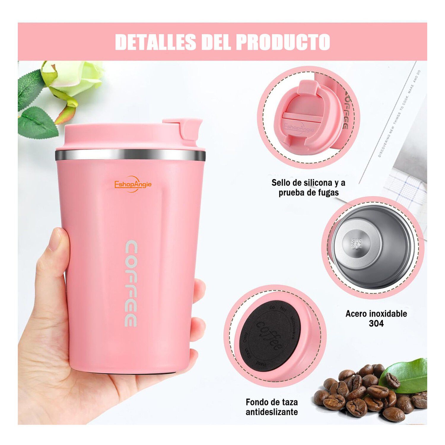 Termo Mug Caf&eacute; 380ml Acero Inoxidable Rosa Port&aacute;til image number 1.0