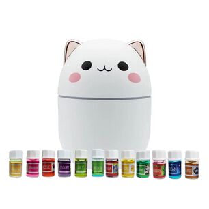 Pack Humidificador Dise&ntilde;o Gato Blanco + 12 Esencias Aromaticas