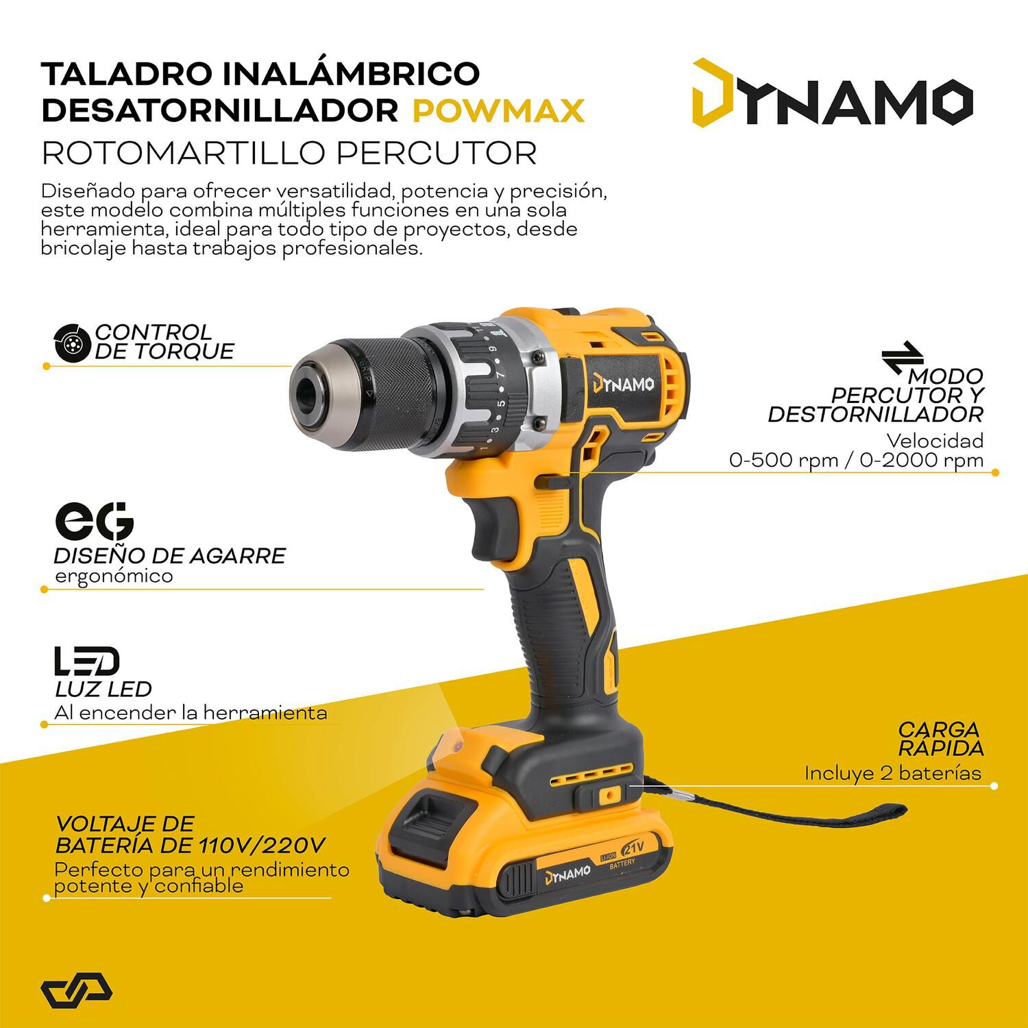 Taladro Inal&aacute;mbrico Dynamo Rotomartillo Percutor 2 Bater&iacute;as image number 1.0