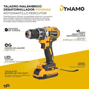 Taladro Inal&aacute;mbrico Dynamo Rotomartillo Percutor 2 Bater&iacute;as