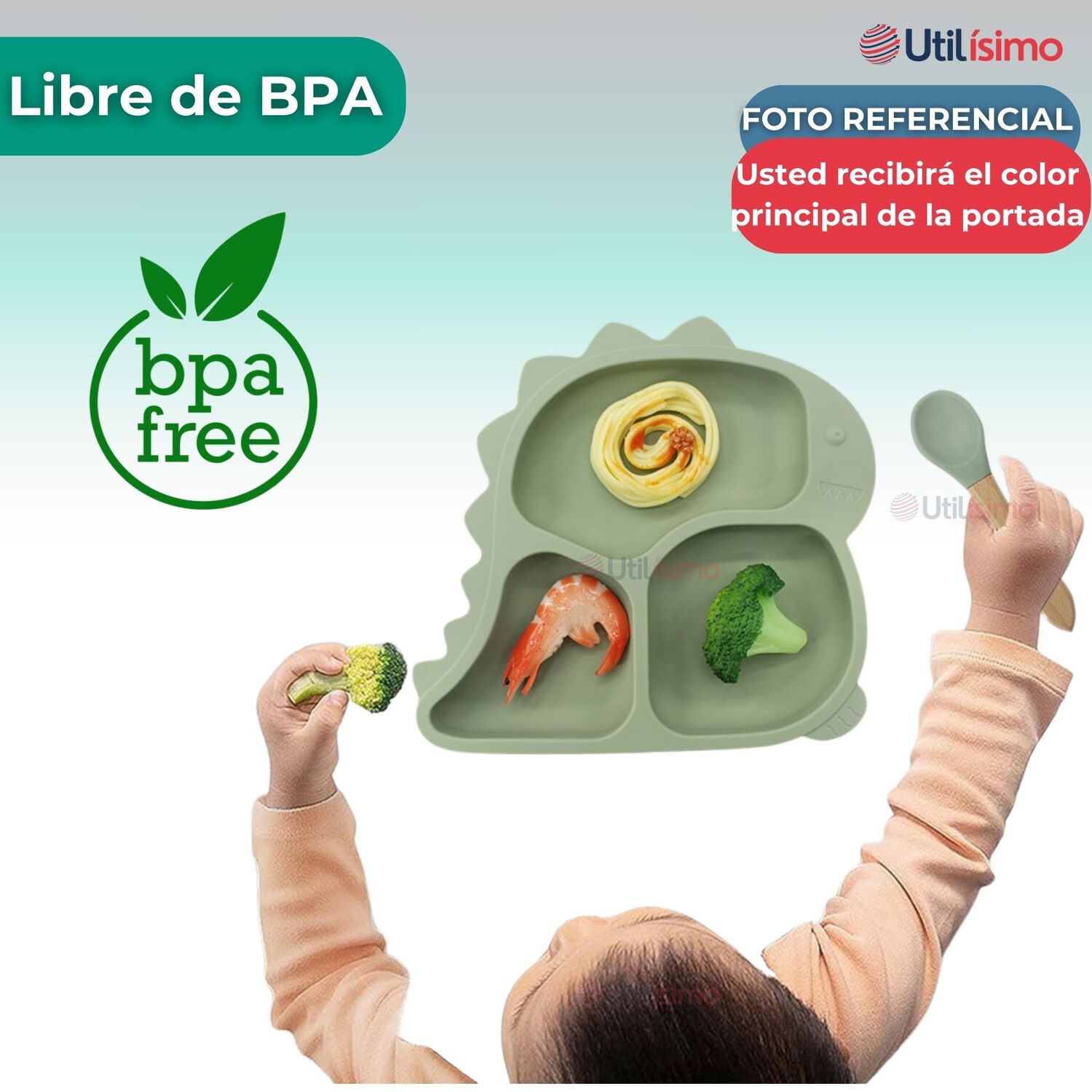 Set Alimentaci&oacute;n Silicona Beb&eacute; 5 Piezas Dinosaurio Libre Bpa Color Turquesa image number 1.0