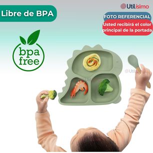 Set Alimentaci&oacute;n Silicona Beb&eacute; 5 Piezas Dinosaurio Libre Bpa Color Turquesa