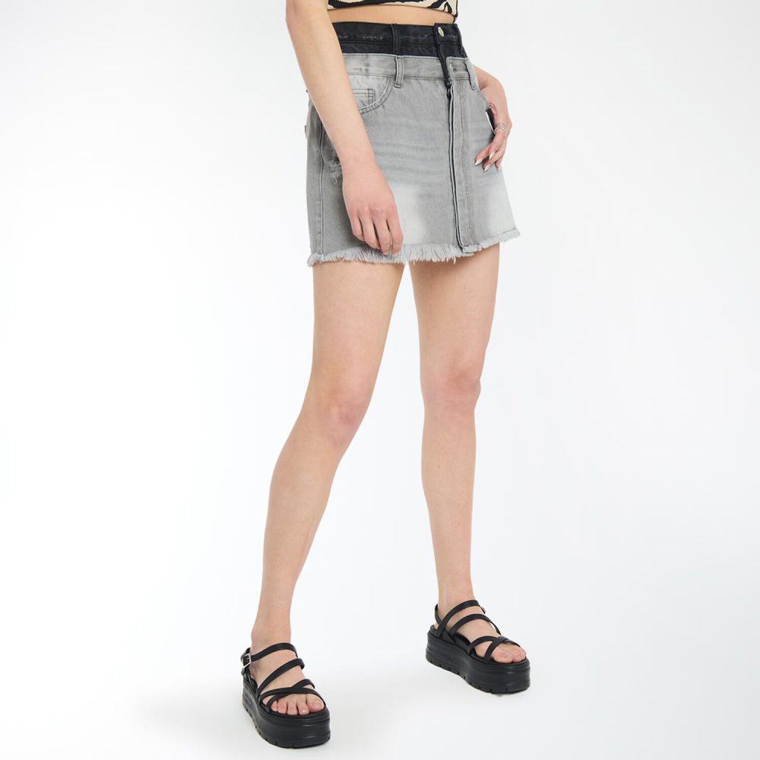 Falda Doble Pretina Basta Desflecada Tiro Corto Skinny Mujer Rolly Go image number 2.0