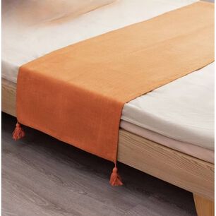 Piecera De Lino Con Pompones Medida 70x210cm King -2 Plazas. Naranja